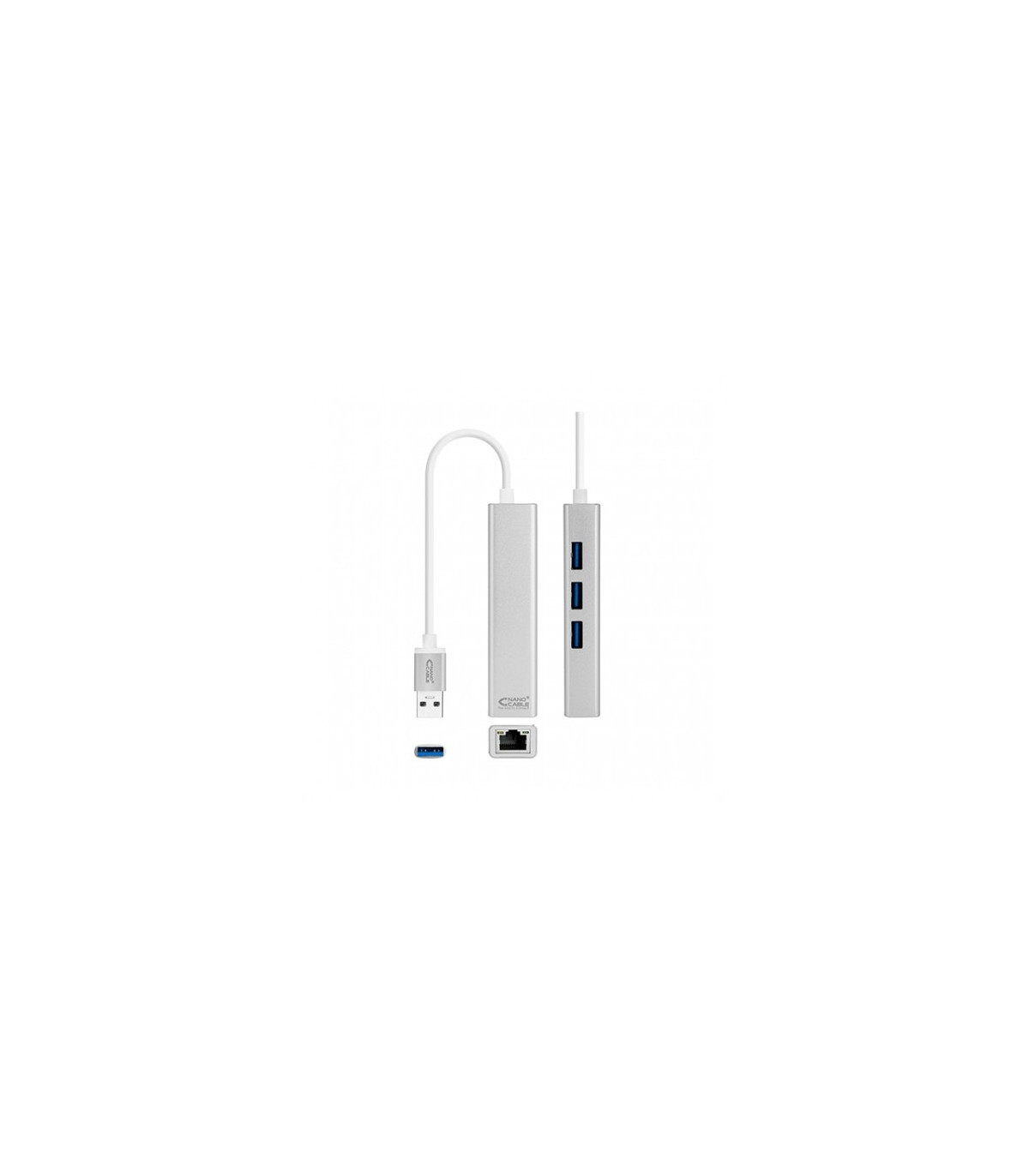 Adaptador hub usb tipo a 3.0 a ethernet gigabit+3xusb nanocable 0.15m plata