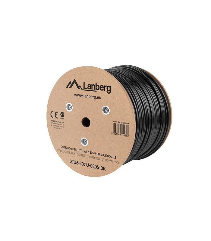 Bobina para exterior lanberg cat.6  utp rj45 cobre gel - filled fluke awg23 305m negro
