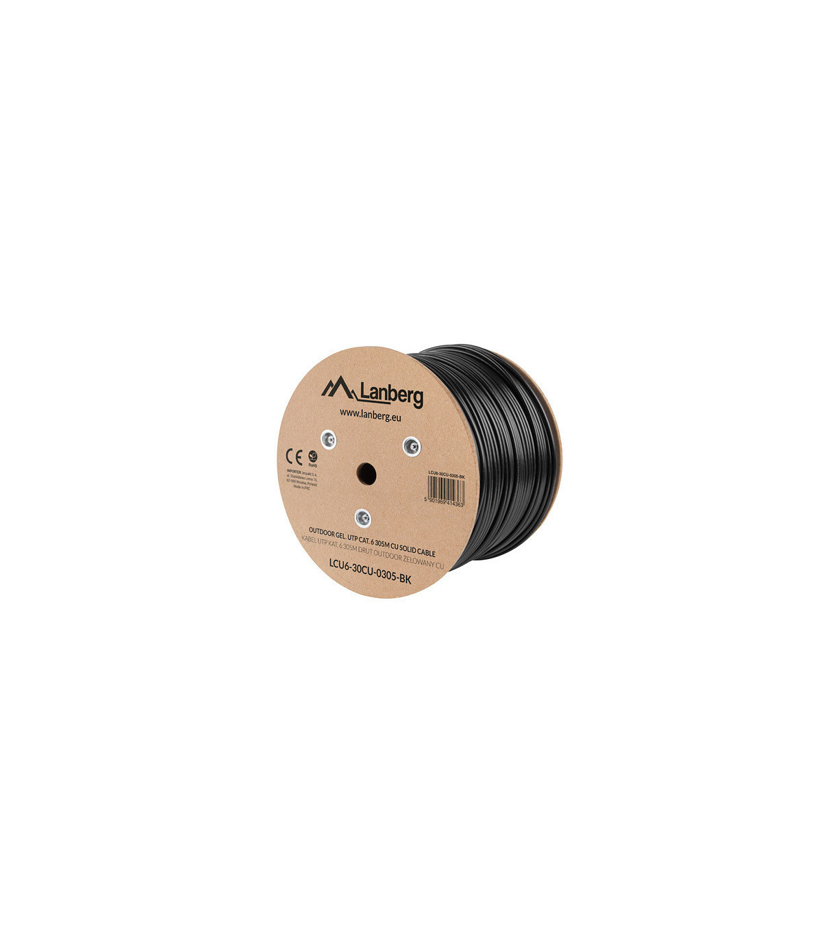 Bobina para exterior lanberg cat.6  utp rj45 cobre gel - filled fluke awg23 305m negro
