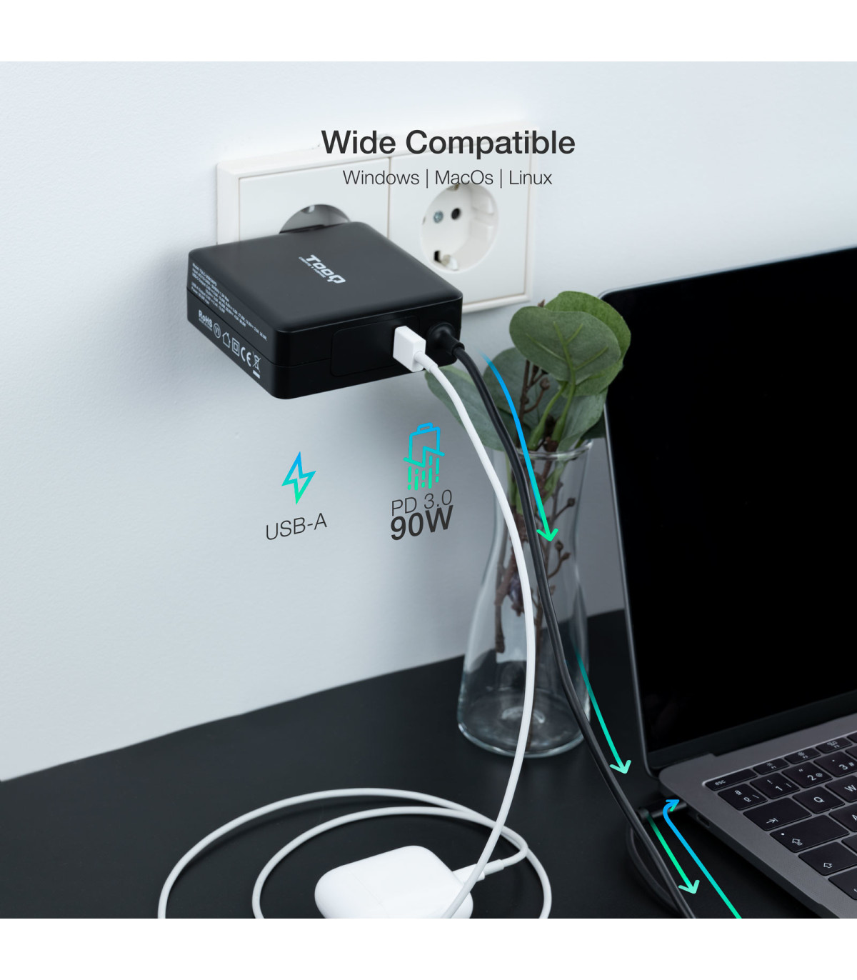 Cargador portatil tooq tqlc - usbc90pd 90w usb tipo c negro
