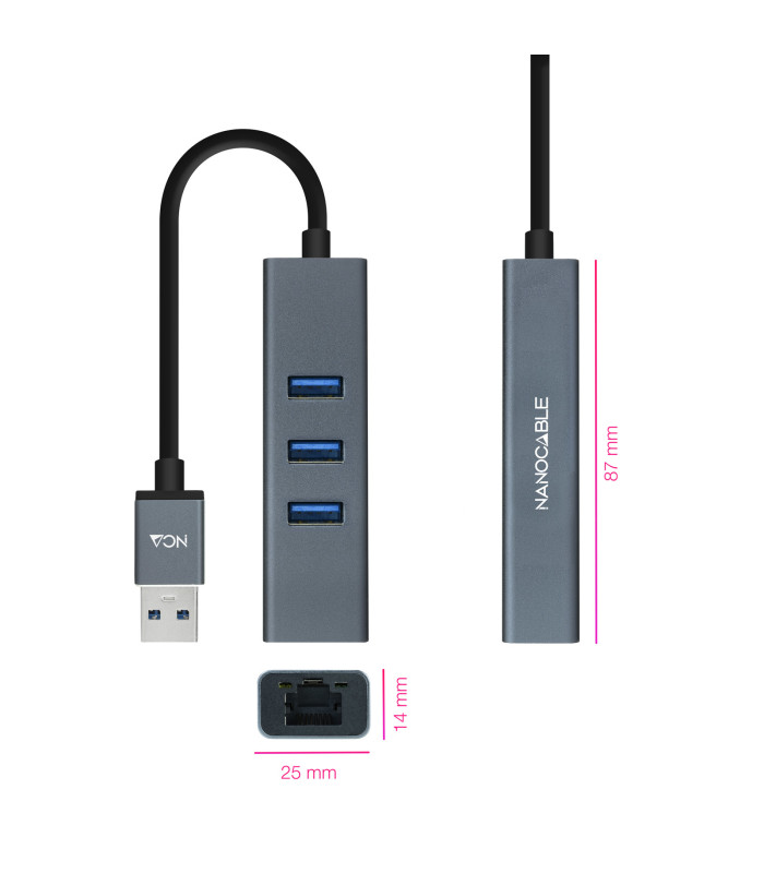 Hub nanocable 4 en 1 usb 3.0 -  rj45 -  macho - hembra