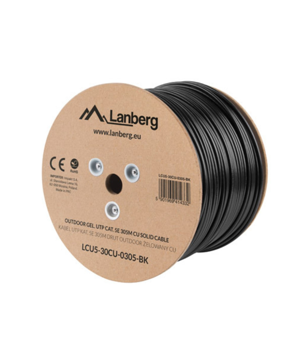 Bobina cat.5e lanberg utp rj45 solido cobre fluke tested awg24 305m negro