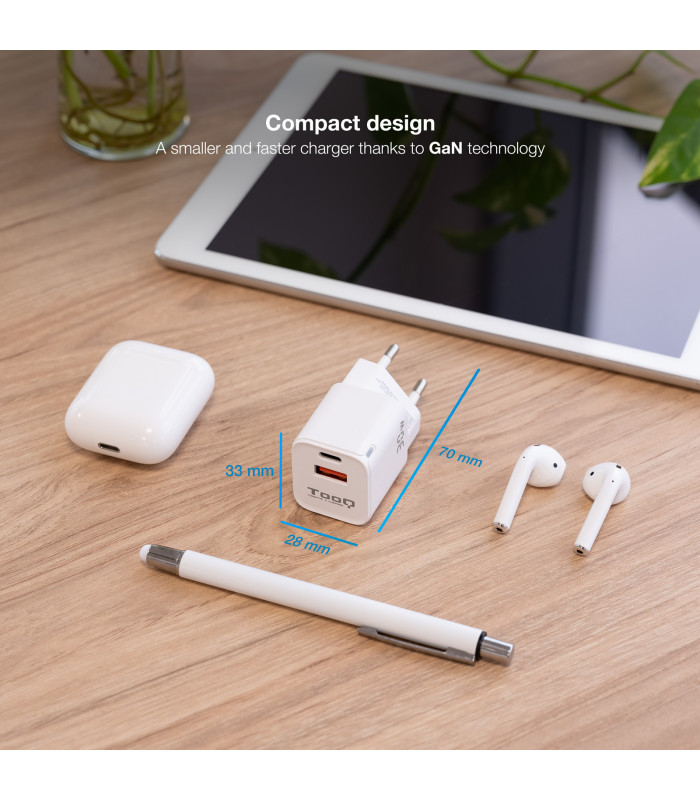 Cargador de pared tooq doble usb - c + usb a blanco 30w