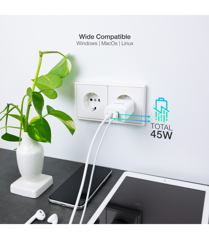 Cargador de pared tooq doble usb - c + usb a blanco 45w