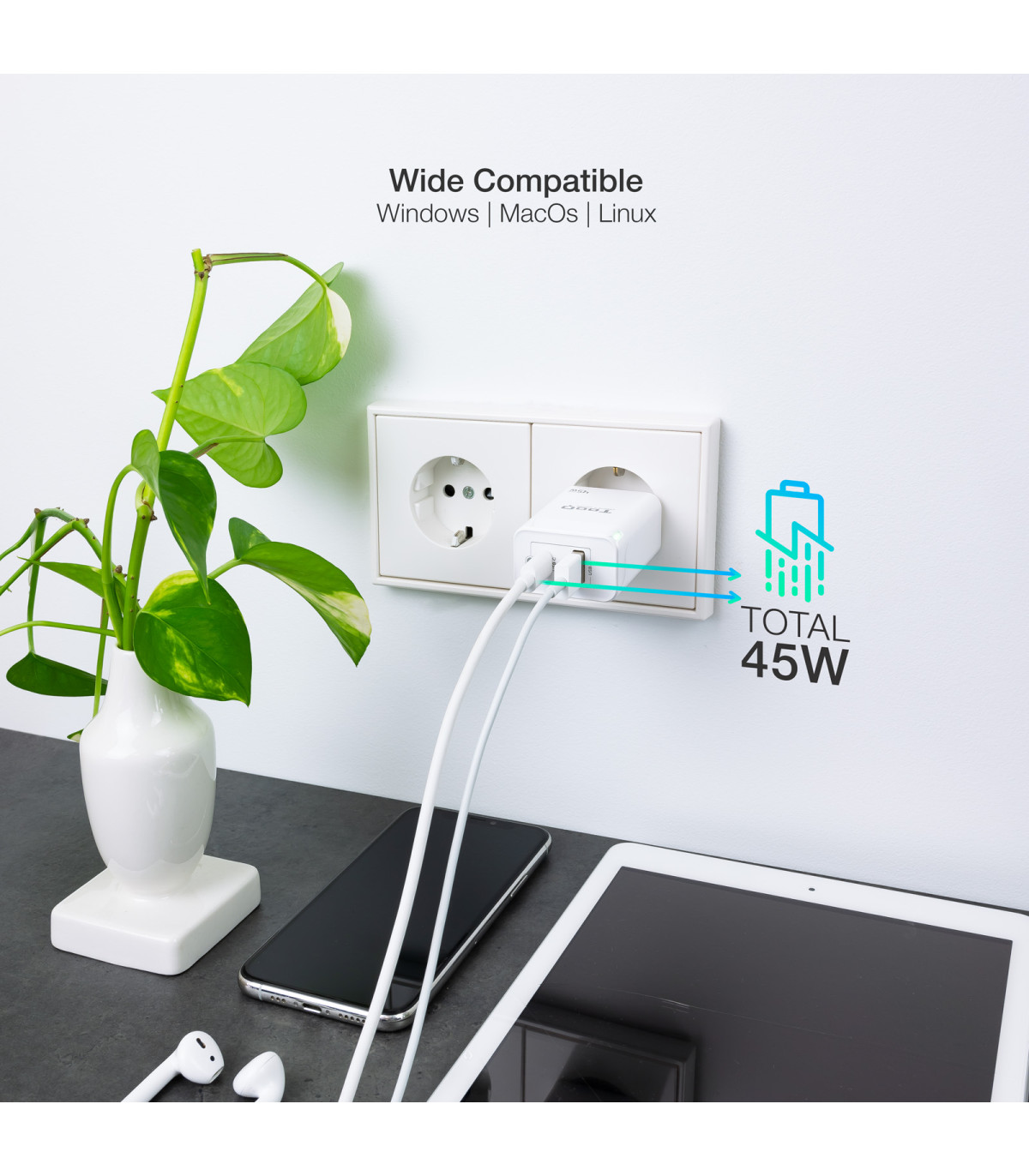 Cargador de pared tooq doble usb - c + usb a blanco 45w
