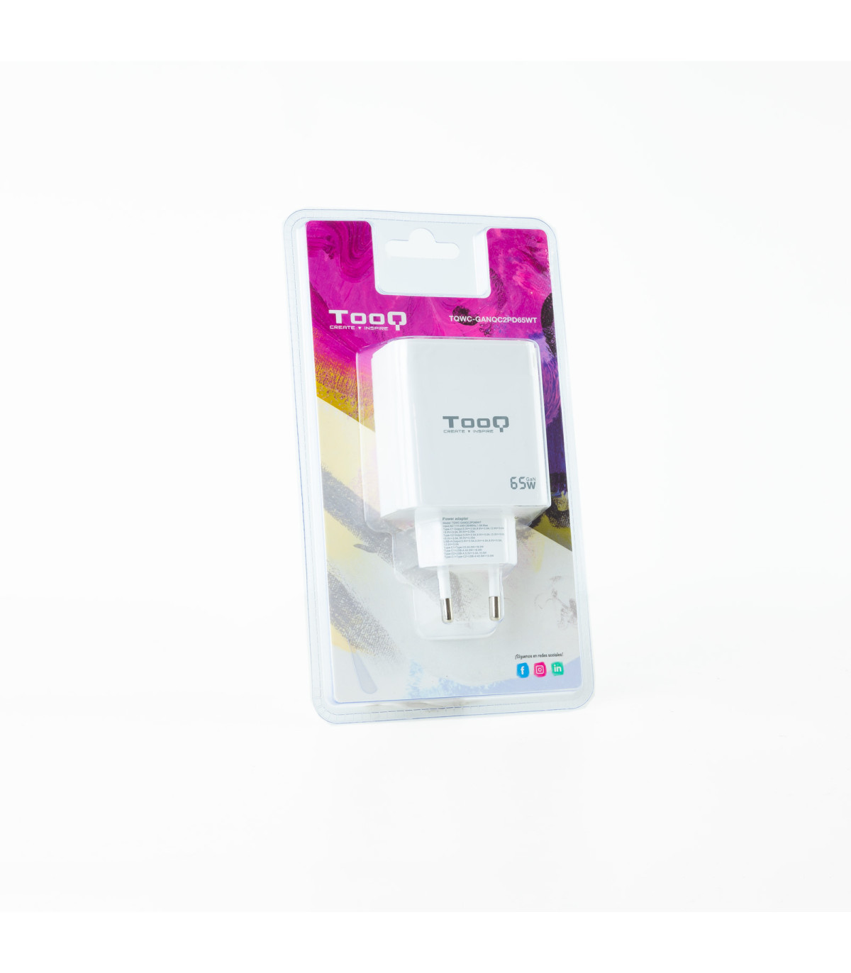 Cargador de pared tooq triple 2xusb - c + usb a blanco 65w