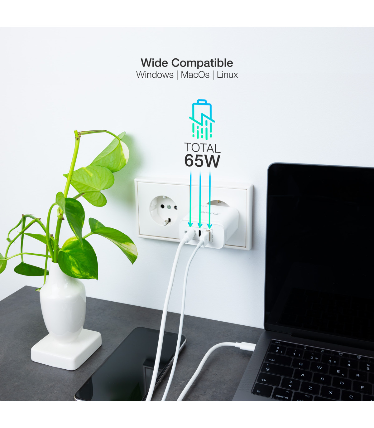 Cargador de pared tooq triple 2xusb - c + usb a blanco 65w