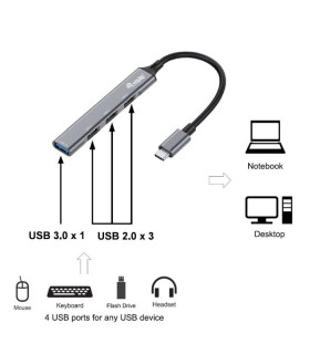 Hub usb tipo c equip life 1 x usb tipo c - 3 x usb 2.0 - aluminio