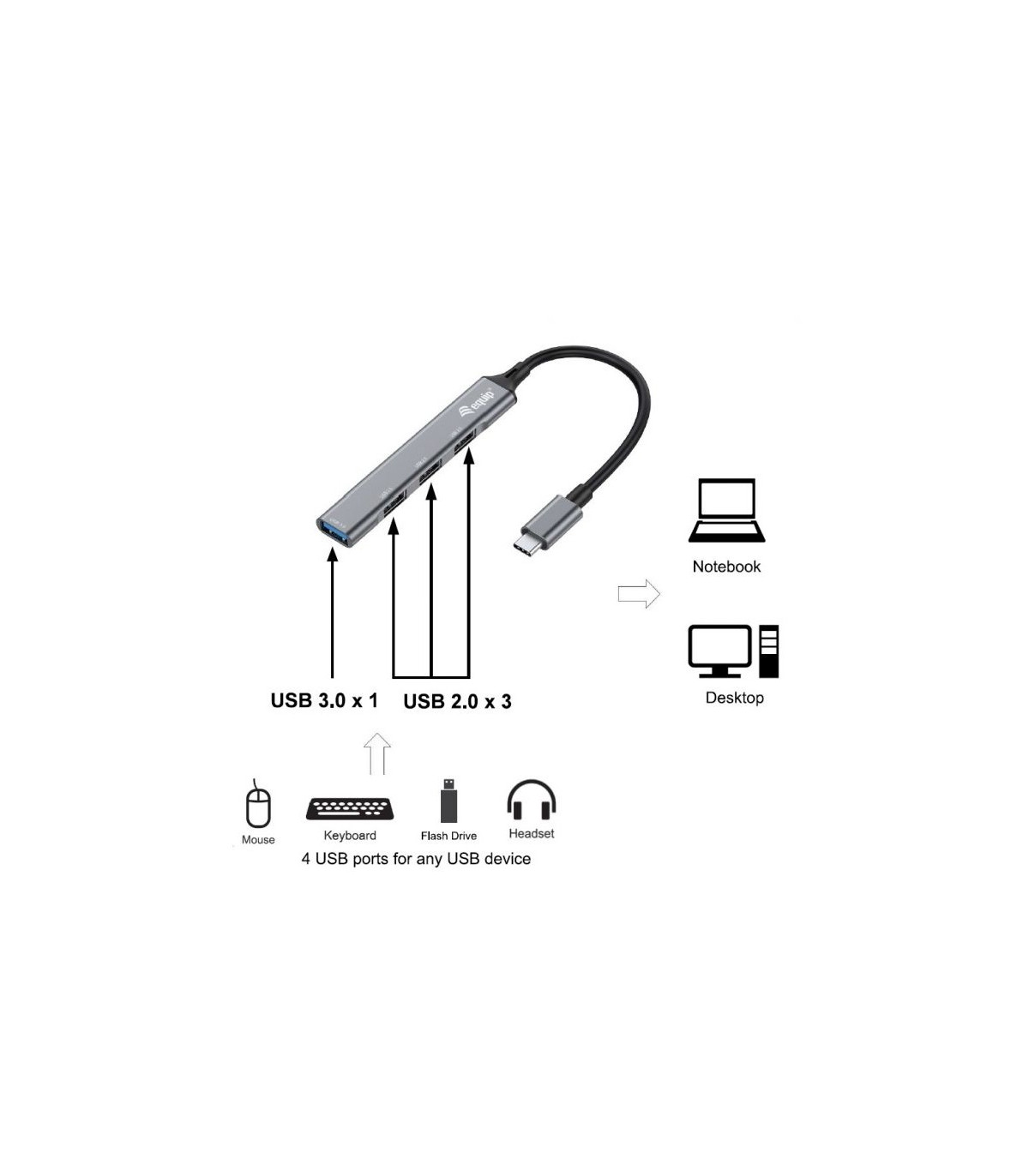 Hub usb tipo c equip life 1 x usb tipo c - 3 x usb 2.0 - aluminio