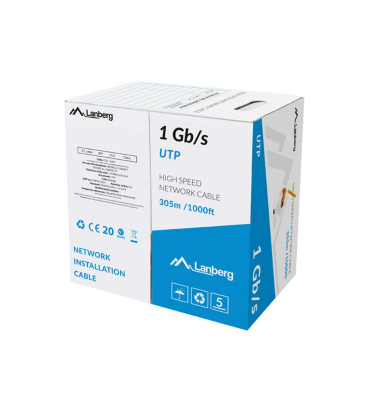 Bobina 1gb - s lanberg u - utp rj45 solido cca awg23 305m  naranja