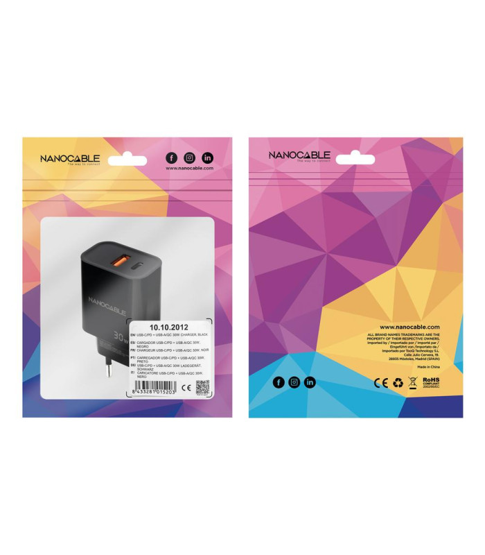 Cargador nanocable usb - c - pd+usb - a - qc 30w negro