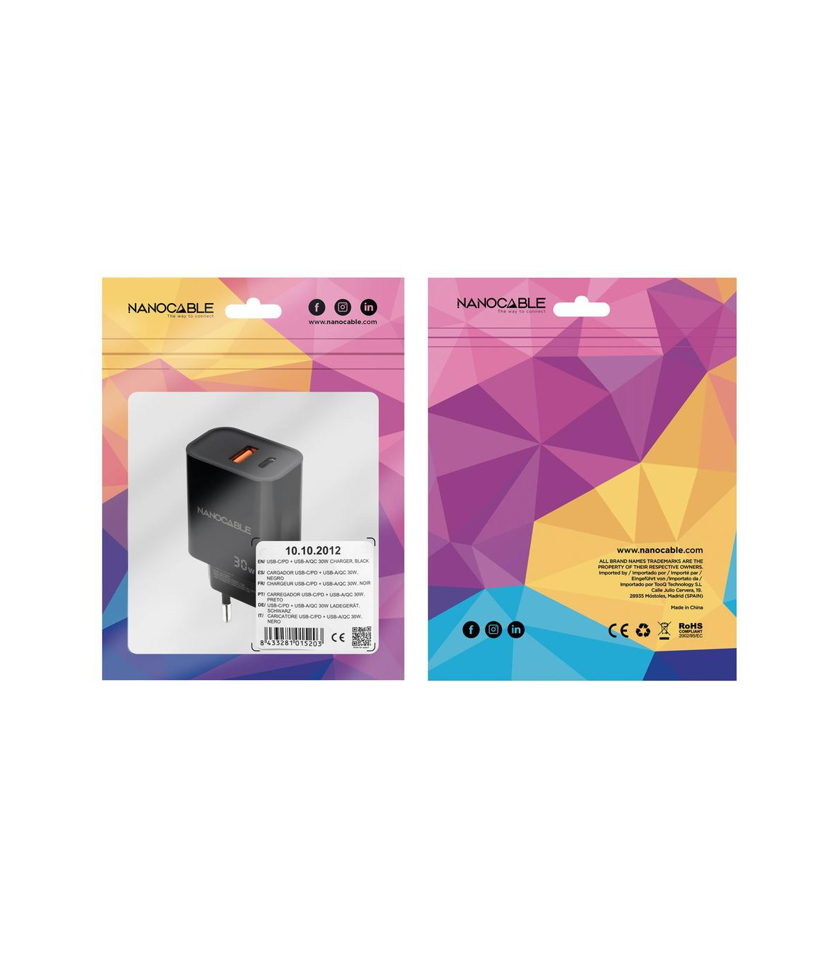 Cargador nanocable usb - c - pd+usb - a - qc 30w negro