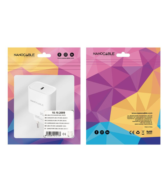 Cargador nanocable pared usb - c pd 30w blanco