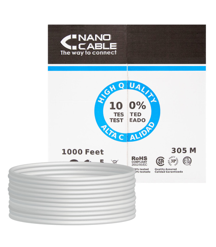 Bobina cable red utp cat5e rj45 nanocable 305m rigido -  awg24 -  gris