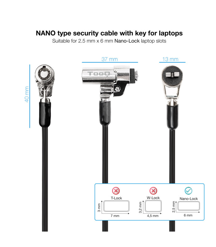 Cable seguridad tipo nano tooq con llave para portatil 1.5m