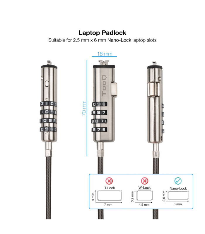 Cable seguridad tipo nano tooq con combinacion para portatil 1.5m