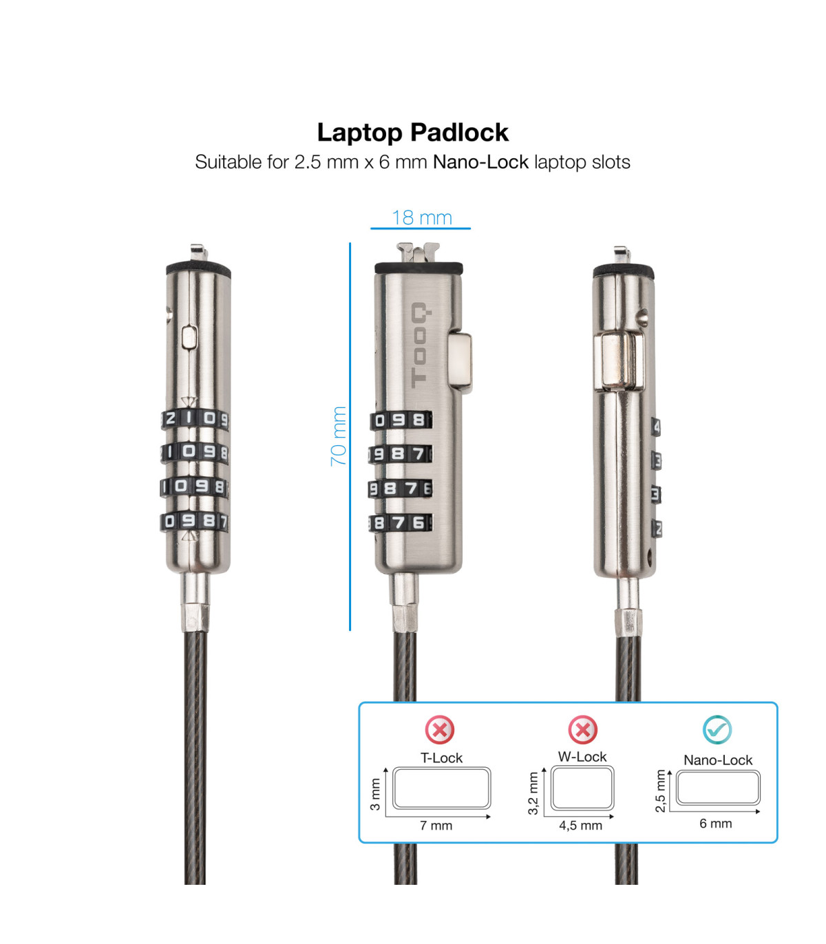 Cable seguridad tipo nano tooq con combinacion para portatil 1.5m