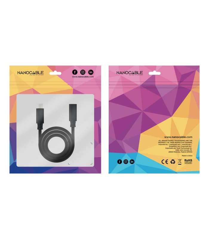 Cable prolongador nanocable usb - c 3.2 gen2x2 20gbp 100w - 5a - 4k - 60hz - usb - c - m - usb - c - h - negro - 1 m