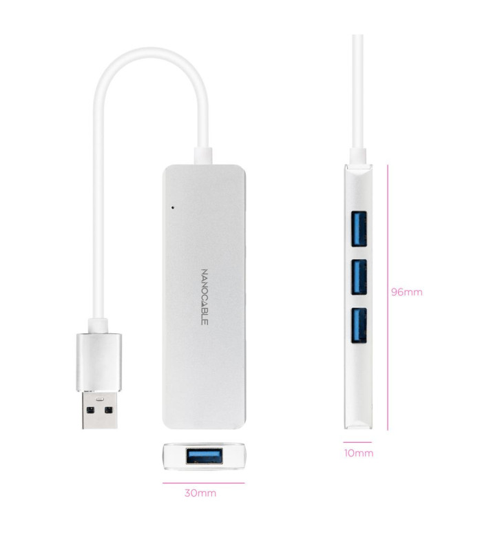 Hub nanocable usb - a 3.0. a 4xusb3.0 usb - a - m - usb 3.0 - h aluminio color plata 18 cm