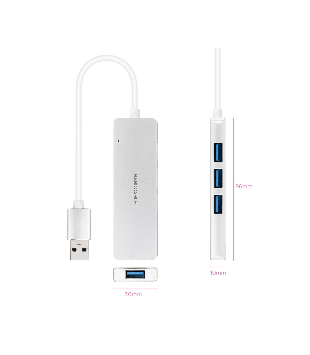 Hub nanocable usb - a 3.0. a 4xusb3.0 usb - a - m - usb 3.0 - h aluminio color plata 18 cm