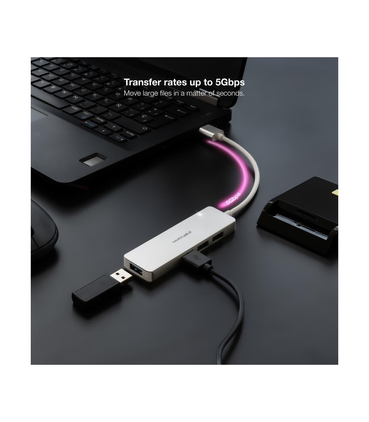 Hub nanocable usb - a 3.0. a 4xusb3.0 usb - a - m - usb 3.0 - h aluminio color plata 18 cm