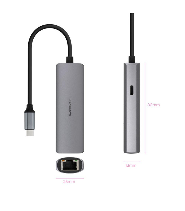 Adaptador coolbox usb - c 3.1 a rj45 con pd 100w usb - c - m aluminio color gris 18 cm
