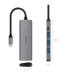 Hub nanocable usb - c 5 en 1 conversor usb - c 3.1 a 3xusb - a 3.0 + usb - c pd + hdmi aluminio gris 18 cm