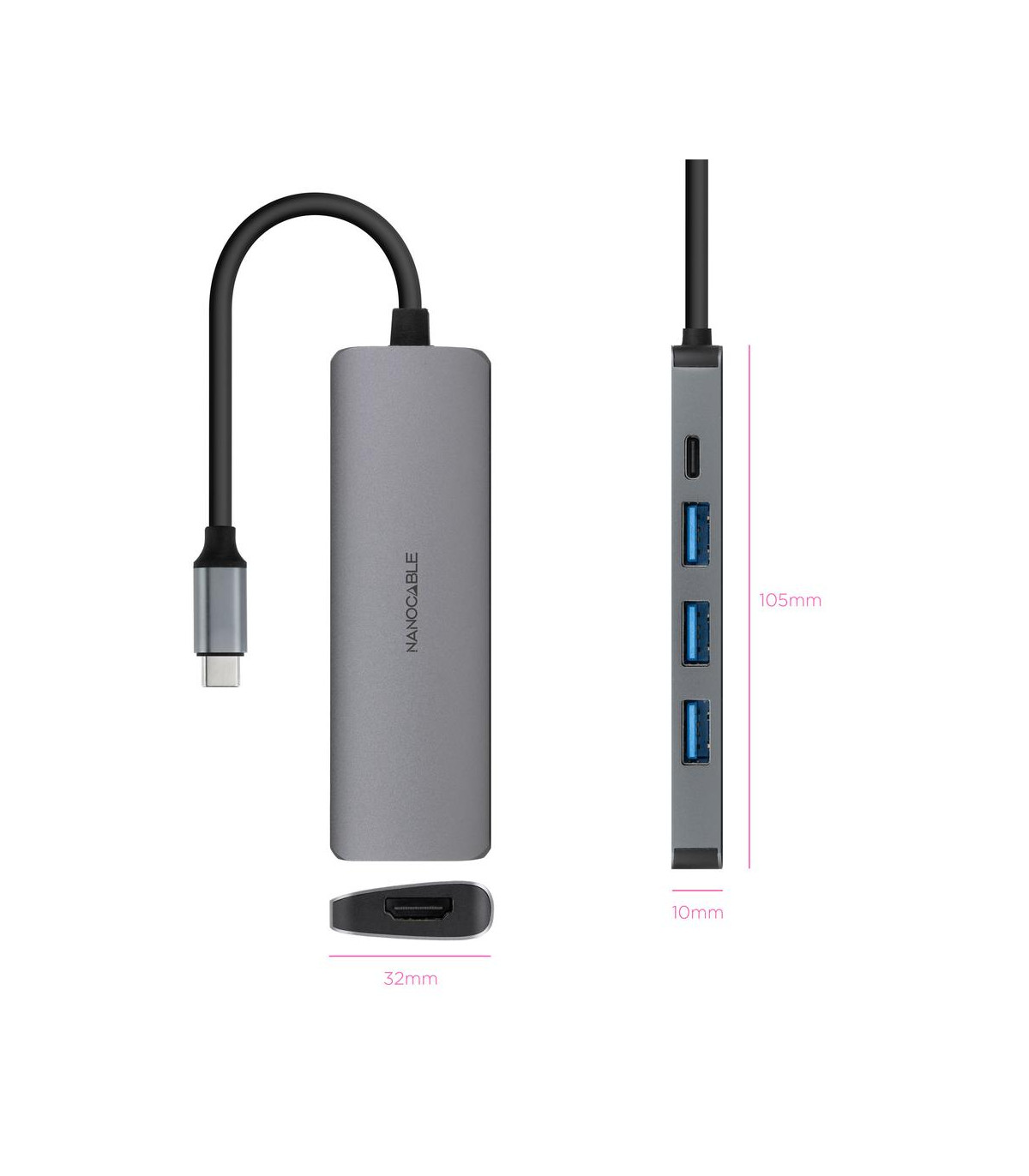 Hub nanocable usb - c 5 en 1 conversor usb - c 3.1 a 3xusb - a 3.0 + usb - c pd + hdmi aluminio gris 18 cm