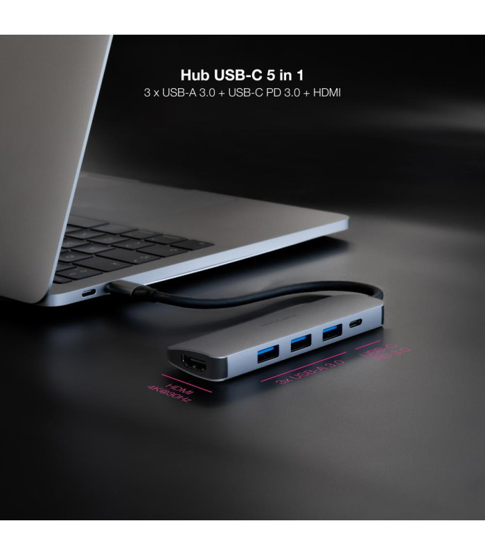 Hub nanocable usb - c 5 en 1 conversor usb - c 3.1 a 3xusb - a 3.0 + usb - c pd + hdmi aluminio gris 18 cm