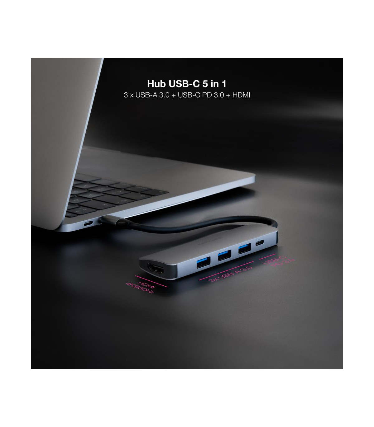 Hub nanocable usb - c 5 en 1 conversor usb - c 3.1 a 3xusb - a 3.0 + usb - c pd + hdmi aluminio gris 18 cm