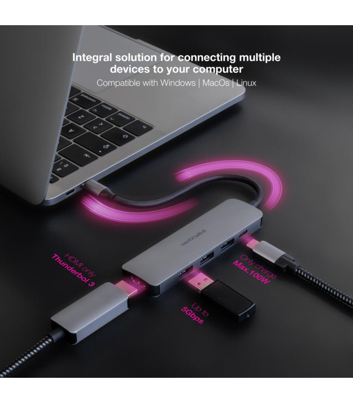 Hub nanocable usb - c 5 en 1 conversor usb - c 3.1 a 3xusb - a 3.0 + usb - c pd + hdmi aluminio gris 18 cm