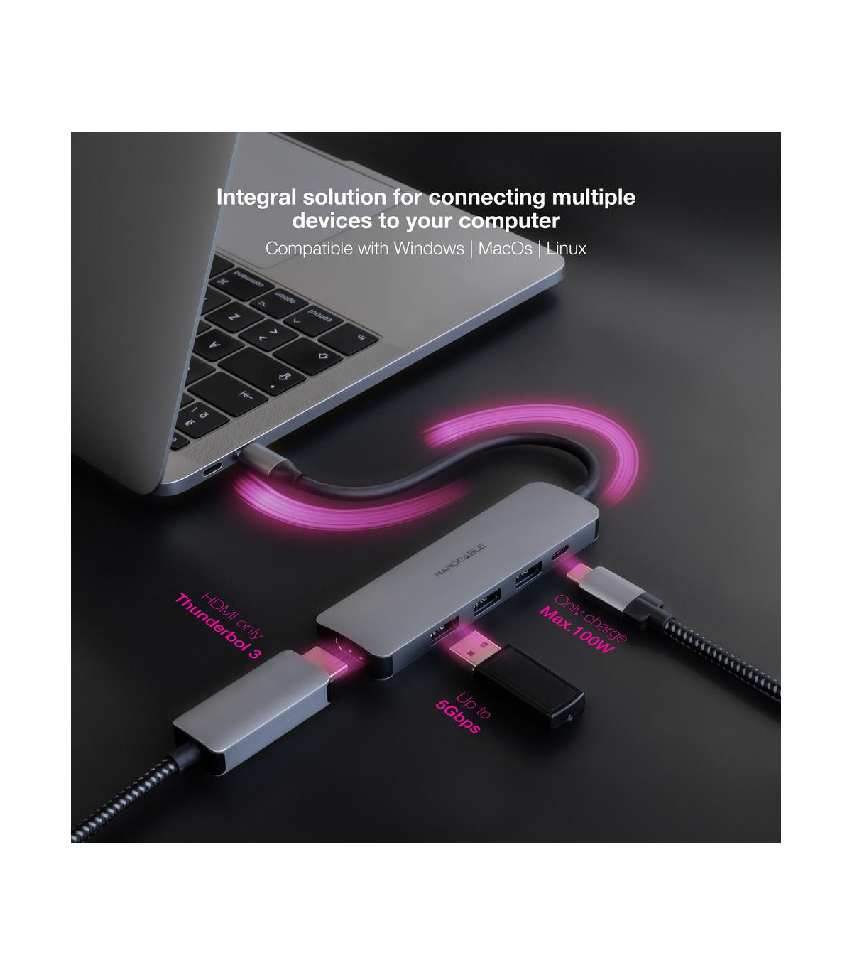 Hub nanocable usb - c 5 en 1 conversor usb - c 3.1 a 3xusb - a 3.0 + usb - c pd + hdmi aluminio gris 18 cm