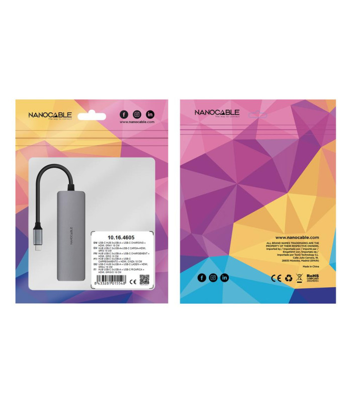 Hub nanocable usb - c 5 en 1 conversor usb - c 3.1 a 3xusb - a 3.0 + usb - c pd + hdmi aluminio gris 18 cm
