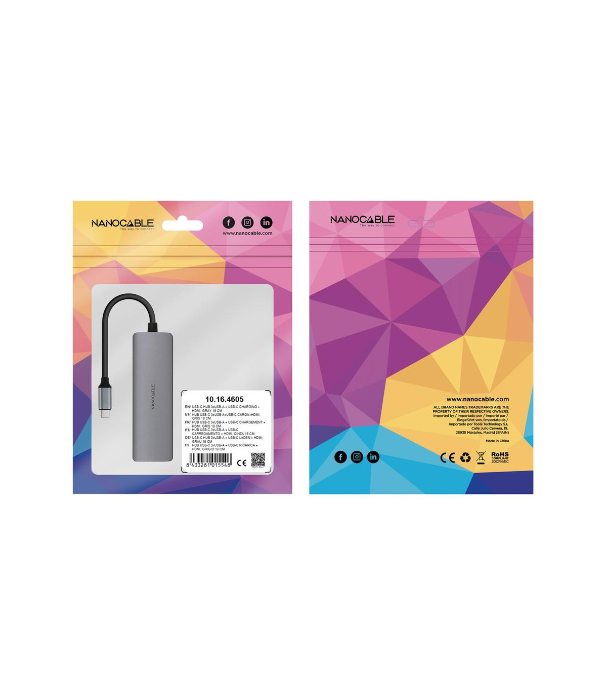 Hub nanocable usb - c 5 en 1 conversor usb - c 3.1 a 3xusb - a 3.0 + usb - c pd + hdmi aluminio gris 18 cm