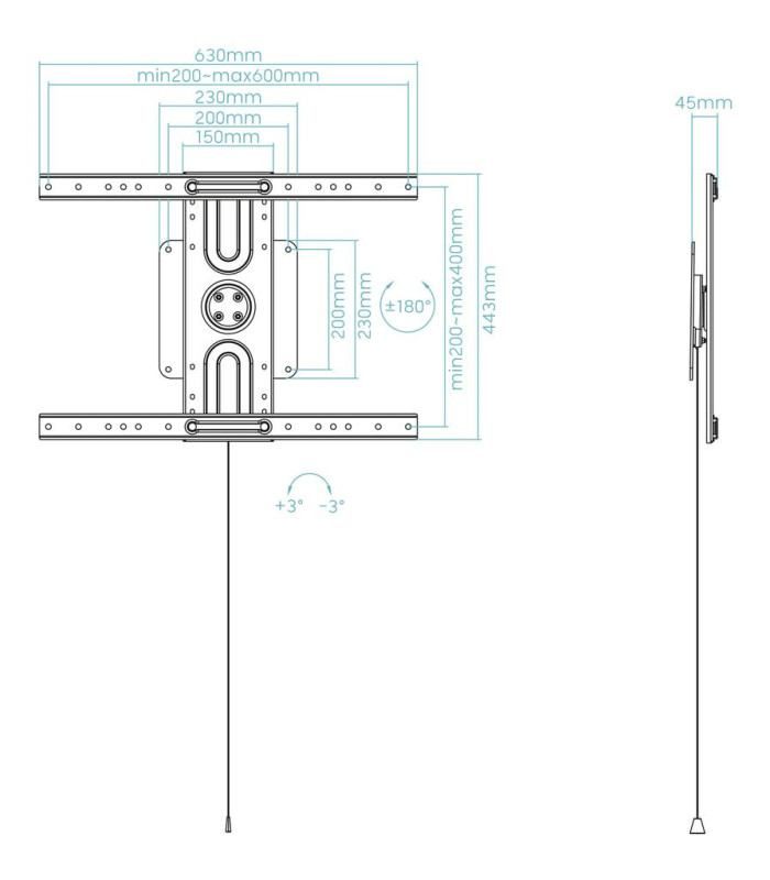 Soporte de pared tooq rotación 360° para pantallas 37 pulgadas -  80 pulgadas negro