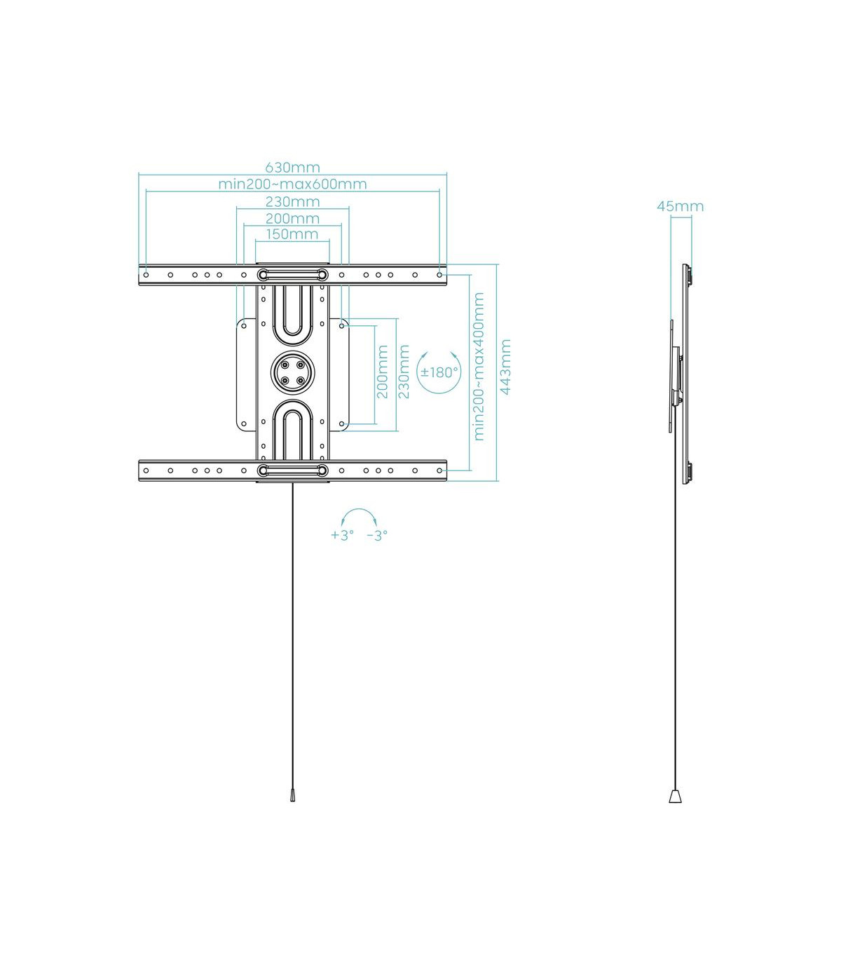 Soporte de pared tooq rotación 360° para pantallas 37 pulgadas -  80 pulgadas negro