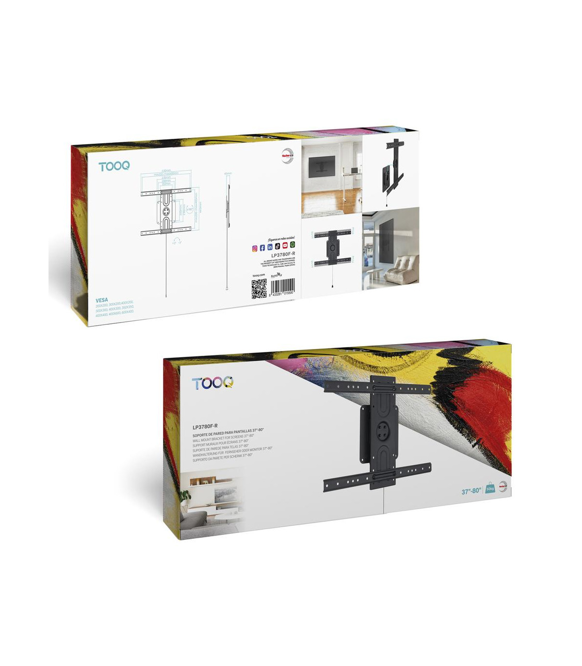 Soporte de pared tooq rotación 360° para pantallas 37 pulgadas -  80 pulgadas negro