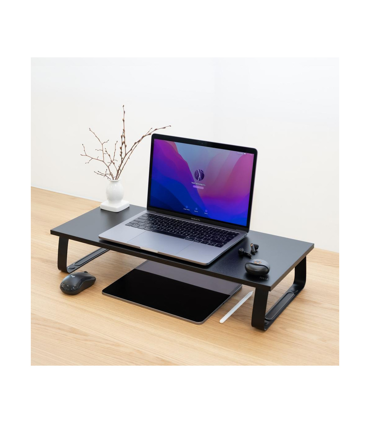 Soporte elevador tooq de madera para monitores negro