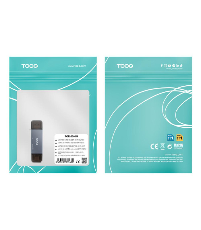 Lector de tarjetas tooq sd + tf - con entradas usb - c 3.0 + usb a - gris