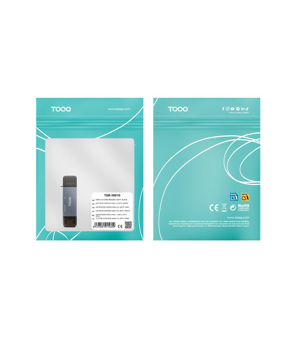 Lector de tarjetas tooq sd + tf - con entradas usb - c 3.0 + usb a - gris