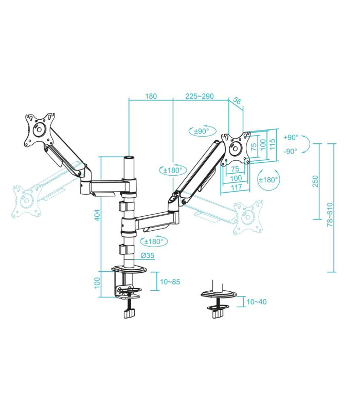 Soporte mesa tooq pantalla gira inclina 2 brazos 17 - 32 negro
