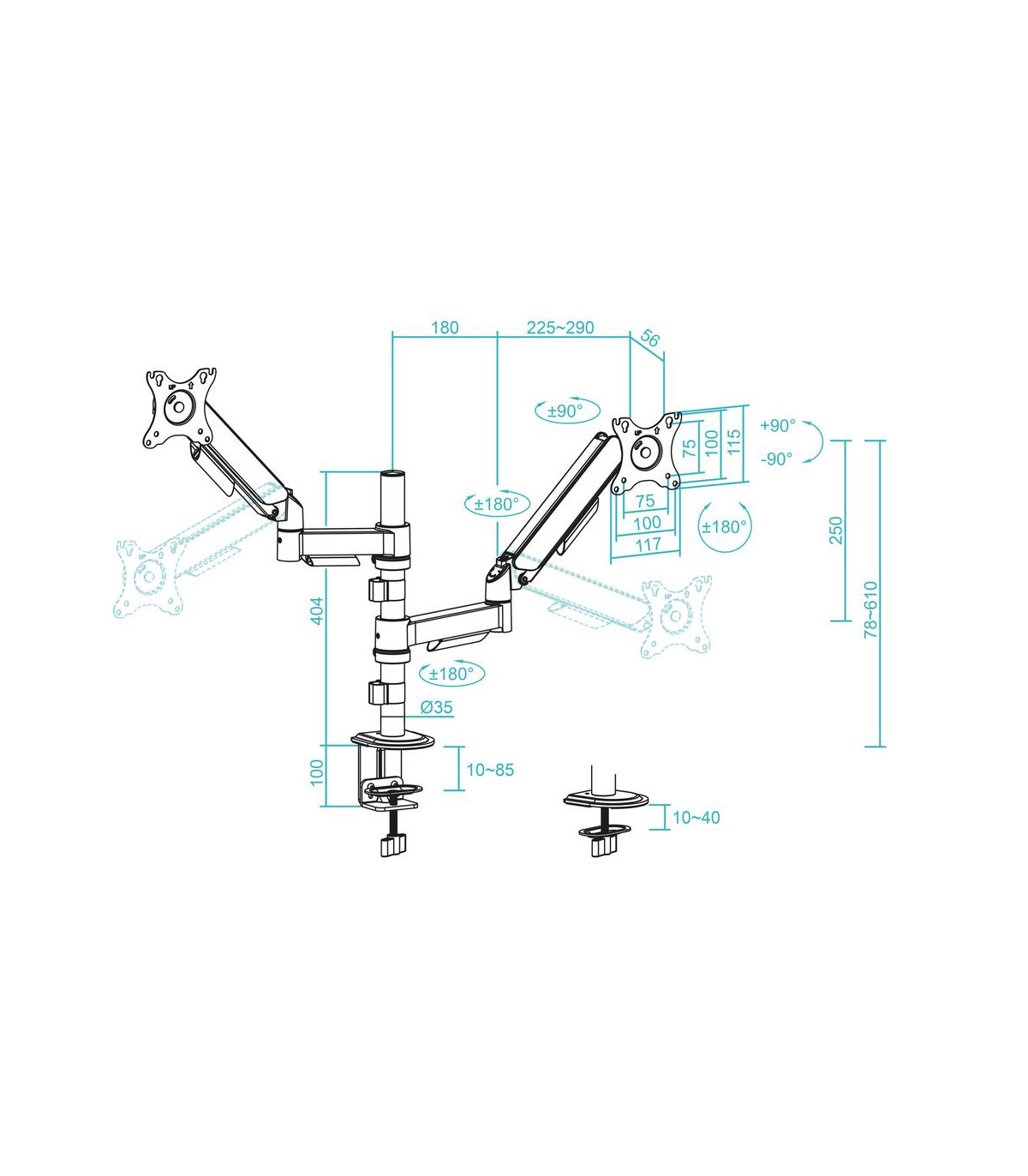 Soporte mesa tooq pantalla gira inclina 2 brazos 17 - 32 negro