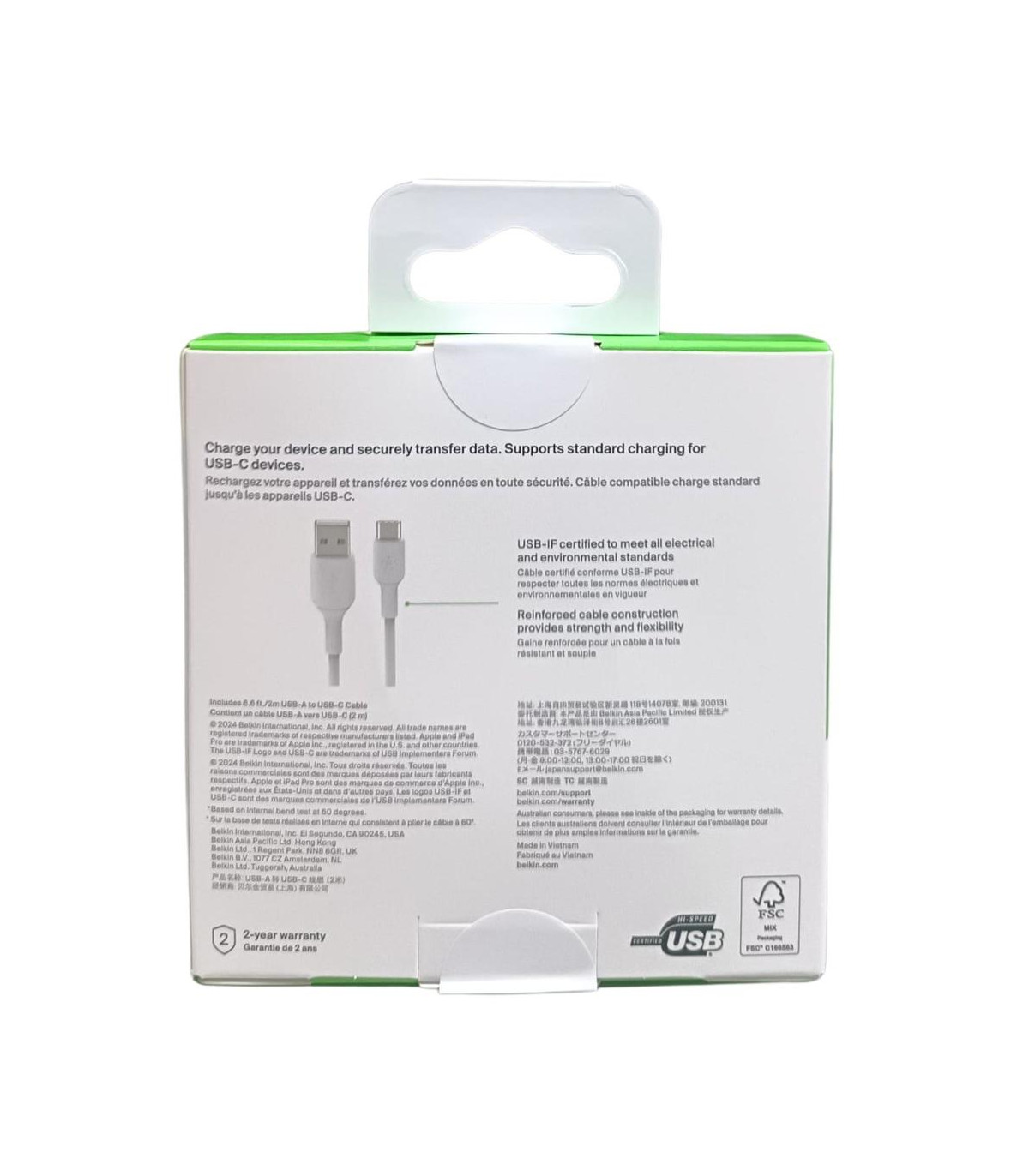 Cable usb tipo c a usb tipo a belkin 2m -  macho - macho -  blanco