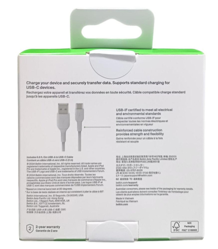 Cable usb tipo c a usb tipo a belkin 3m -  macho - macho -  blanco