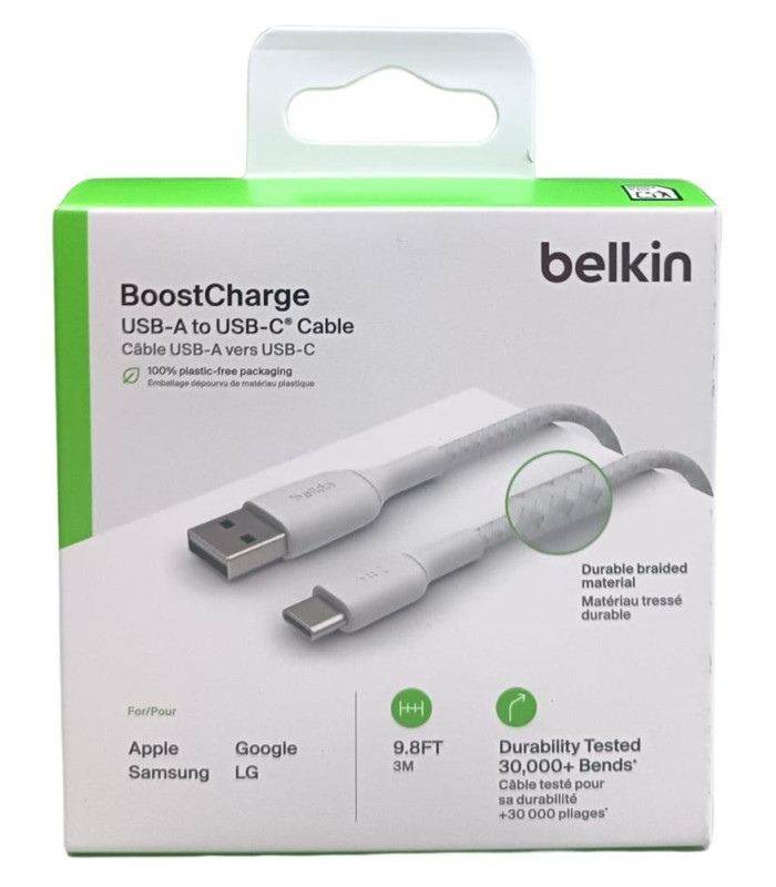 Cable usb tipo c a usb tipo a belkin 3m -  macho - macho -  blanco -  trenzado