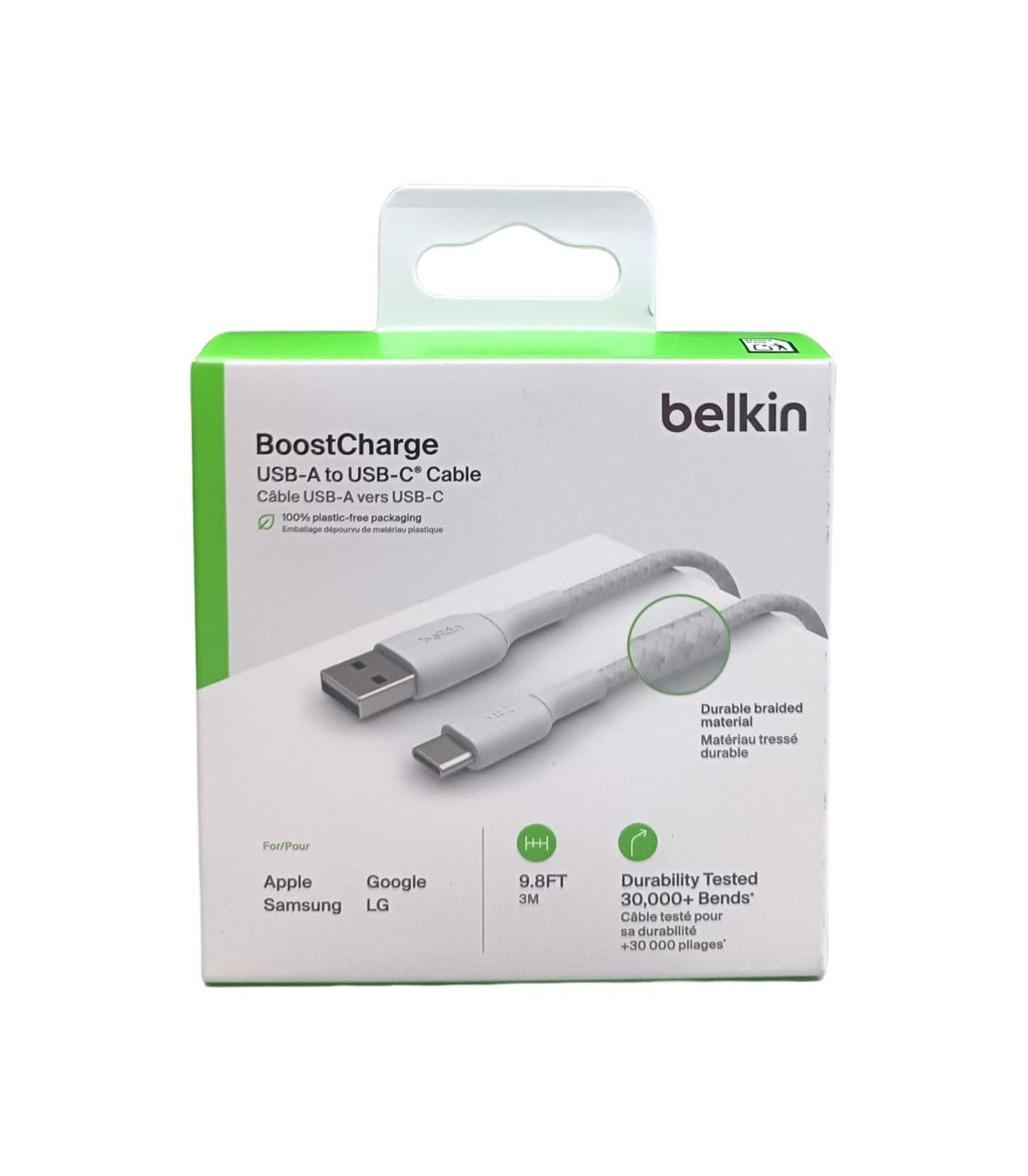 Cable usb tipo c a usb tipo a belkin 3m -  macho - macho -  blanco -  trenzado