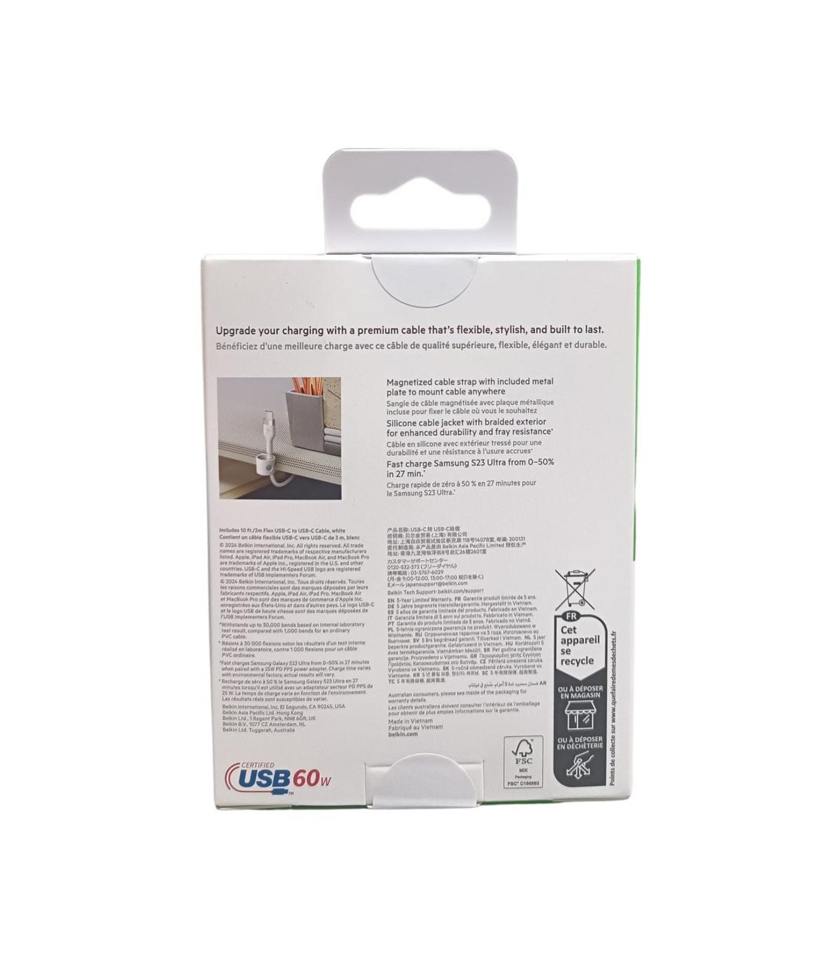 Cable usb tipo c belkin 3m -  macho - macho -  blanco -  trenzado