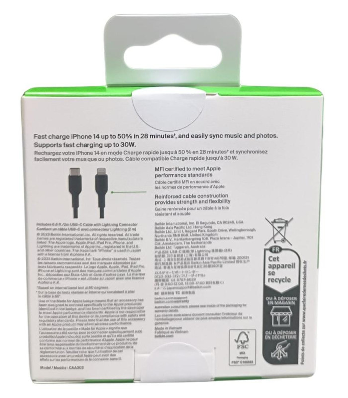 Cable lightning a usb tipo c belkin 2m -  macho - macho -  negro -  trenzado