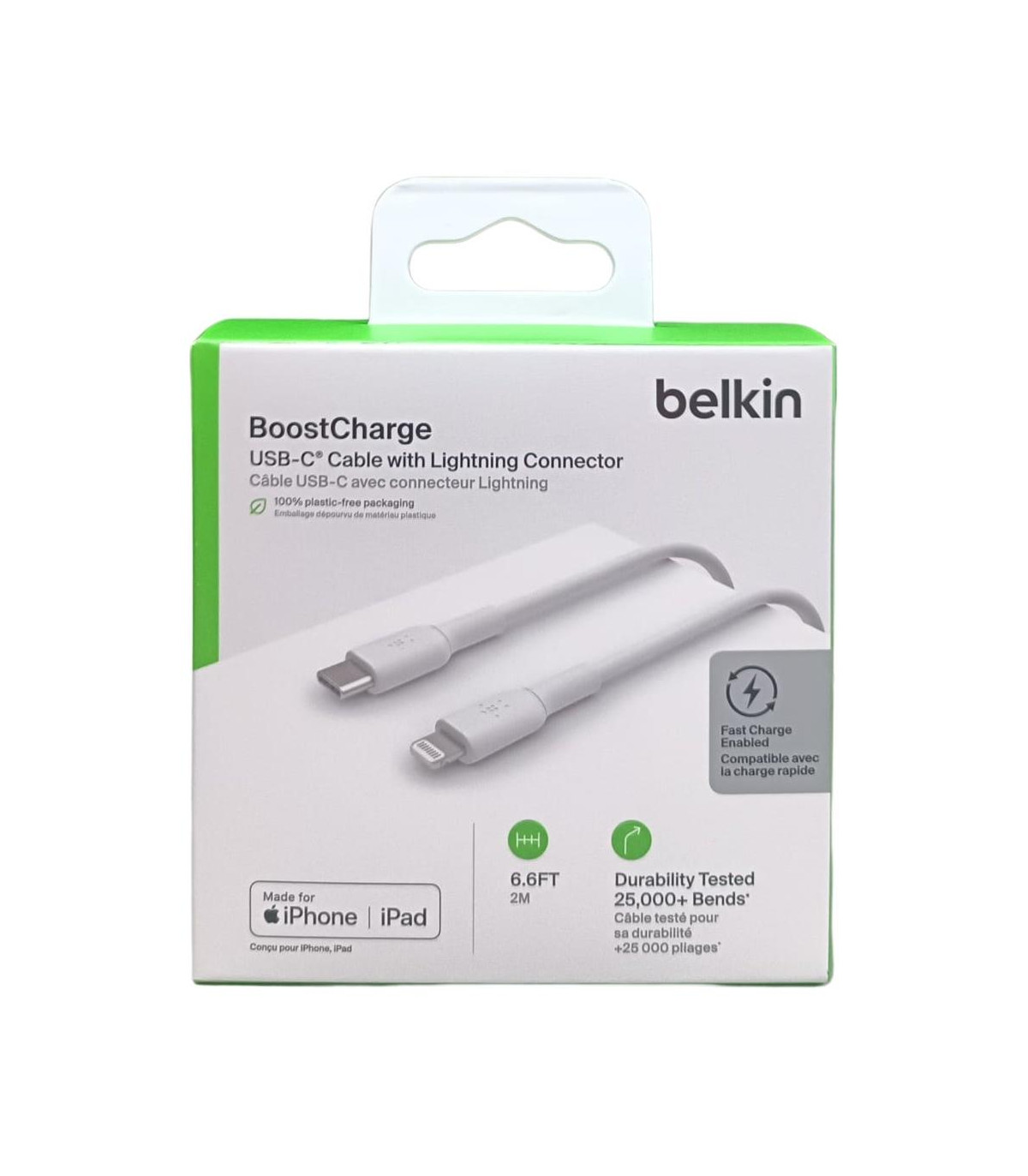 Cable lightning a usb tipo c belkin 2m -  macho - macho -  blanco -  trenzado