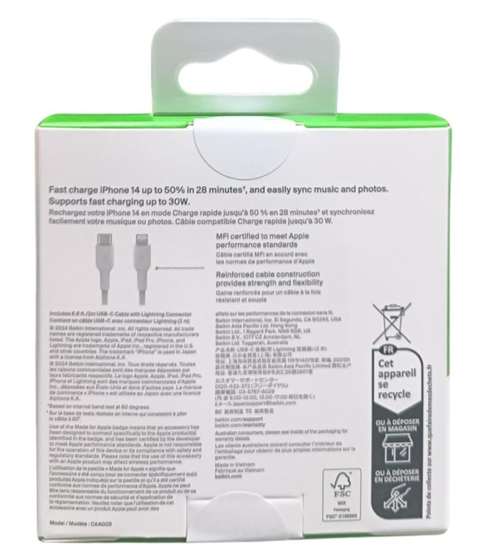 Cable lightning a usb tipo c belkin 2m -  macho - macho -  blanco -  trenzado